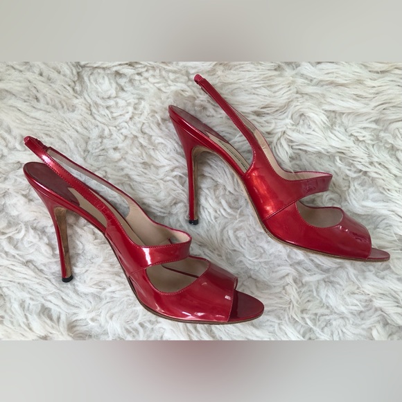 MANOLO BLAHNIK Red Patent Leather Open Pumps Size 41 (U.S. size 10/10.5) - Picture 11 of 14
